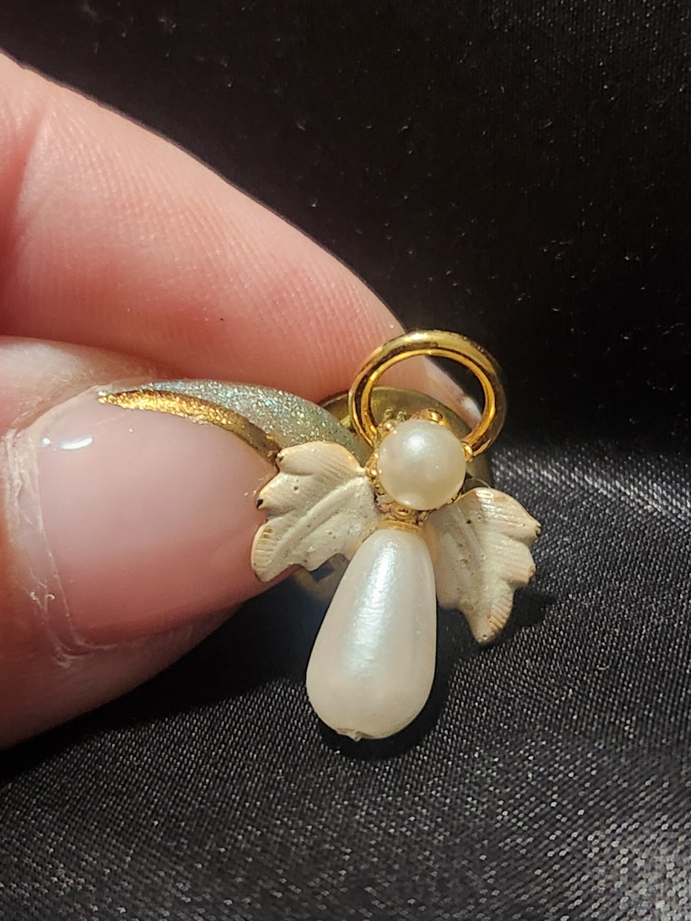 Vintage Faux Pearl Angel Lapel Pin Gold Tone Enamel Halo Brooch